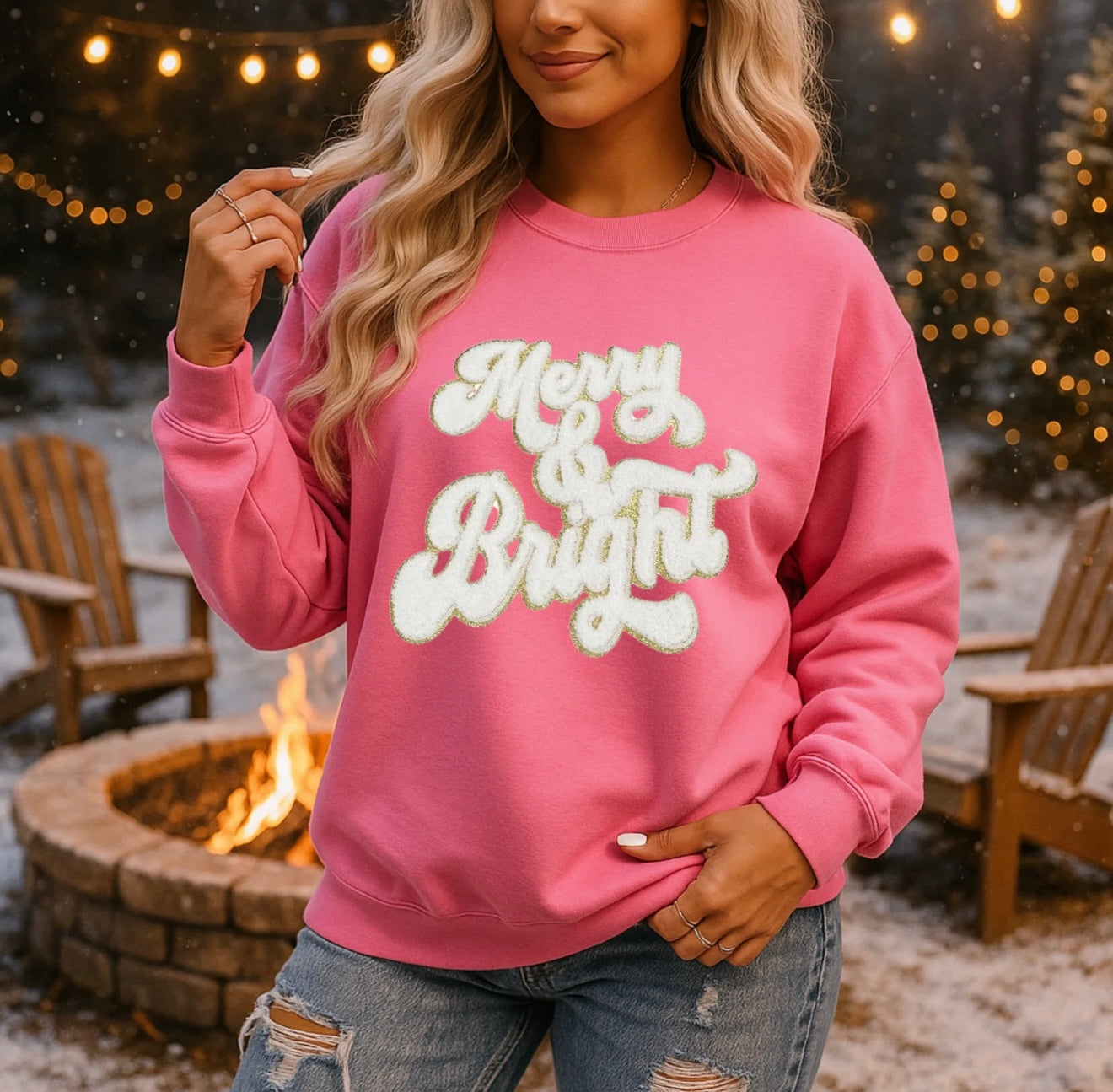 Merry & Bright Christmas Sweatshirt – Cozy Blue Holiday Pullover, Winter Crewneck for Women
