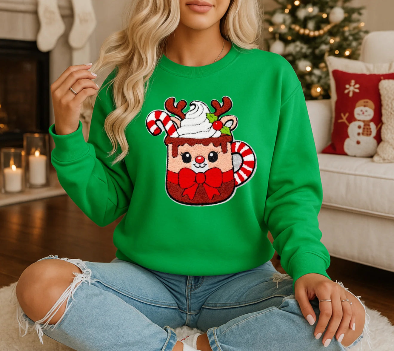 Christmas Hot Cocoa Sweatshirt – Cute Reindeer Mug Holiday Pullover, Festive Green Crewneck for Women