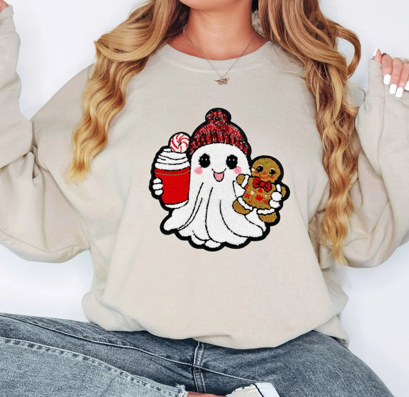 Holiday Ghost Sweatshirt – Cute Christmas Ghost with Gingerbread & Coffee, Festive Pullover Crewneck