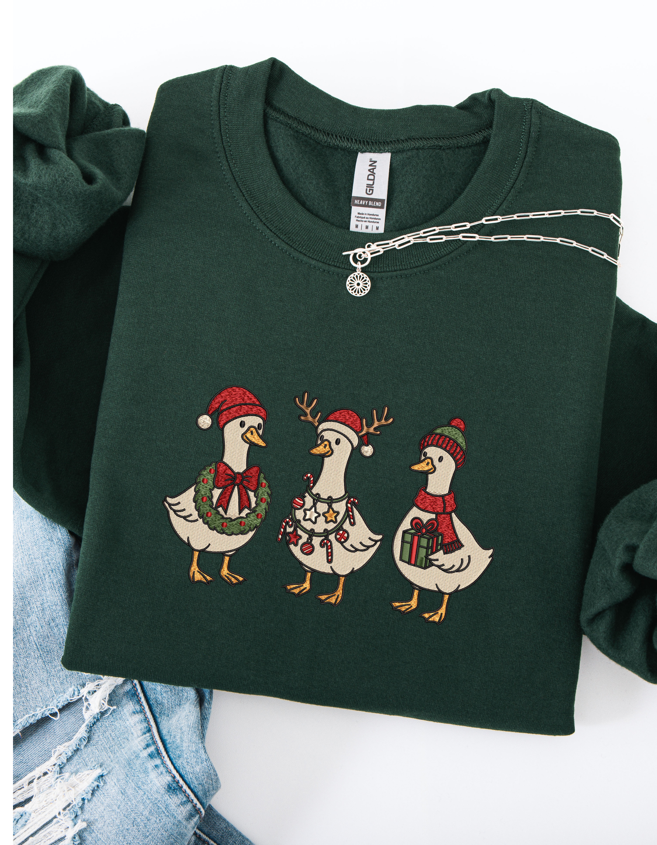 Cute Embroidered Christmas Goose Sweatshirt – Holiday Ducks Hoodie Crewneck