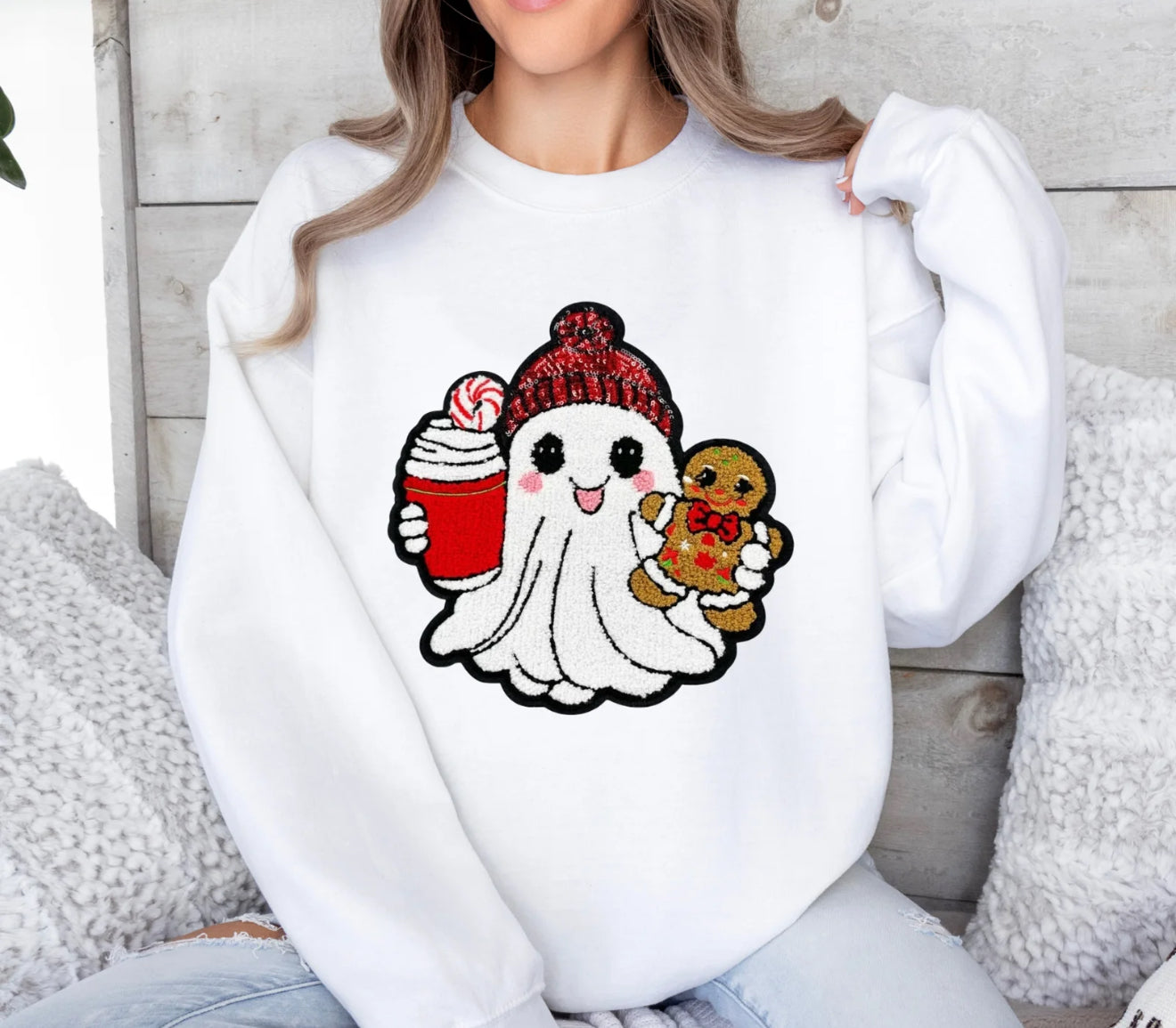 Holiday Ghost Sweatshirt – Cute Christmas Ghost with Gingerbread & Coffee, Festive Pullover Crewneck