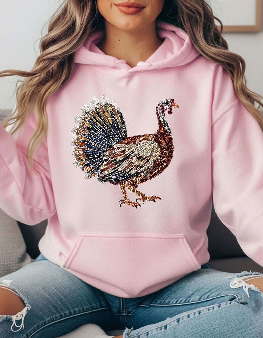 Faux Rhinestone Turkey Hoodie – Glam Thanksgiving Sweatshirt for Women | Cozy Fall Hoodie