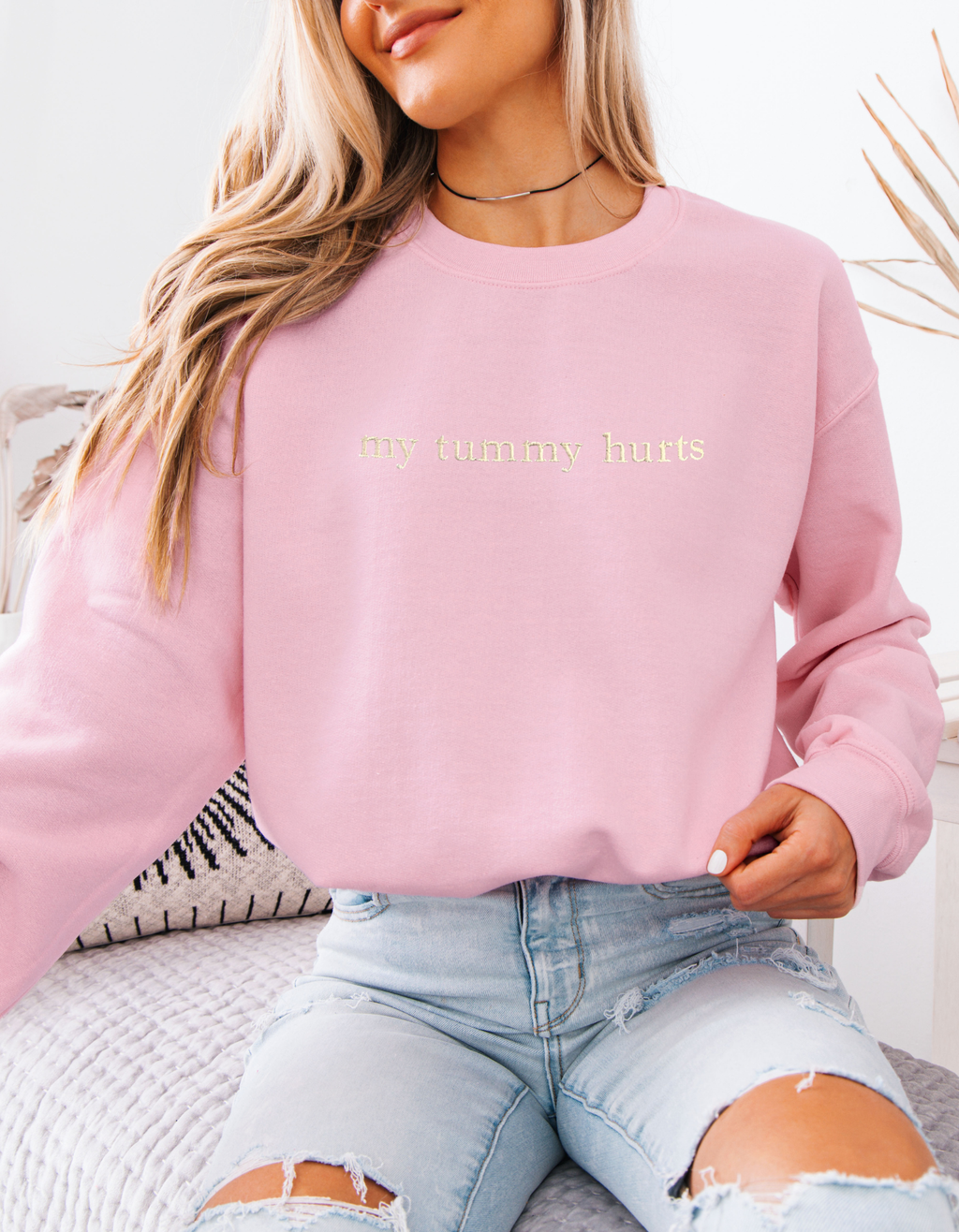 Minimalist “My Tummy Hurts” Embroidered Crewneck Sweatshirt