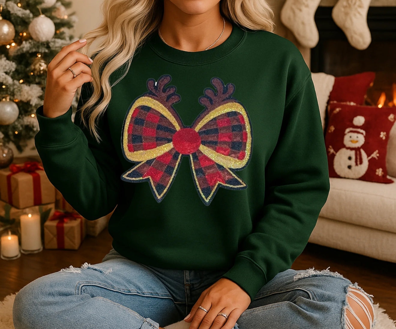 Christmas Bow Sweatshirt – Festive Holiday Pullover, Plaid Bow Crewneck for Women