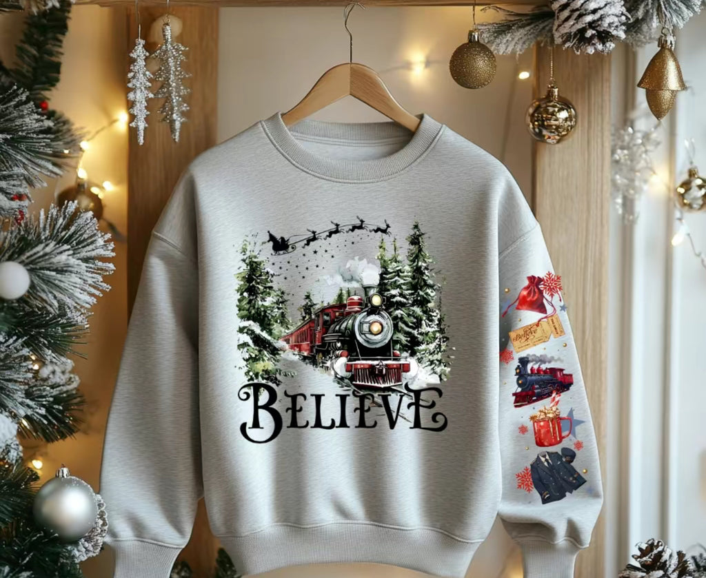 Believe Christmas Train Sweatshirt | Holiday Magic Crewneck | Cozy Winter Pullover