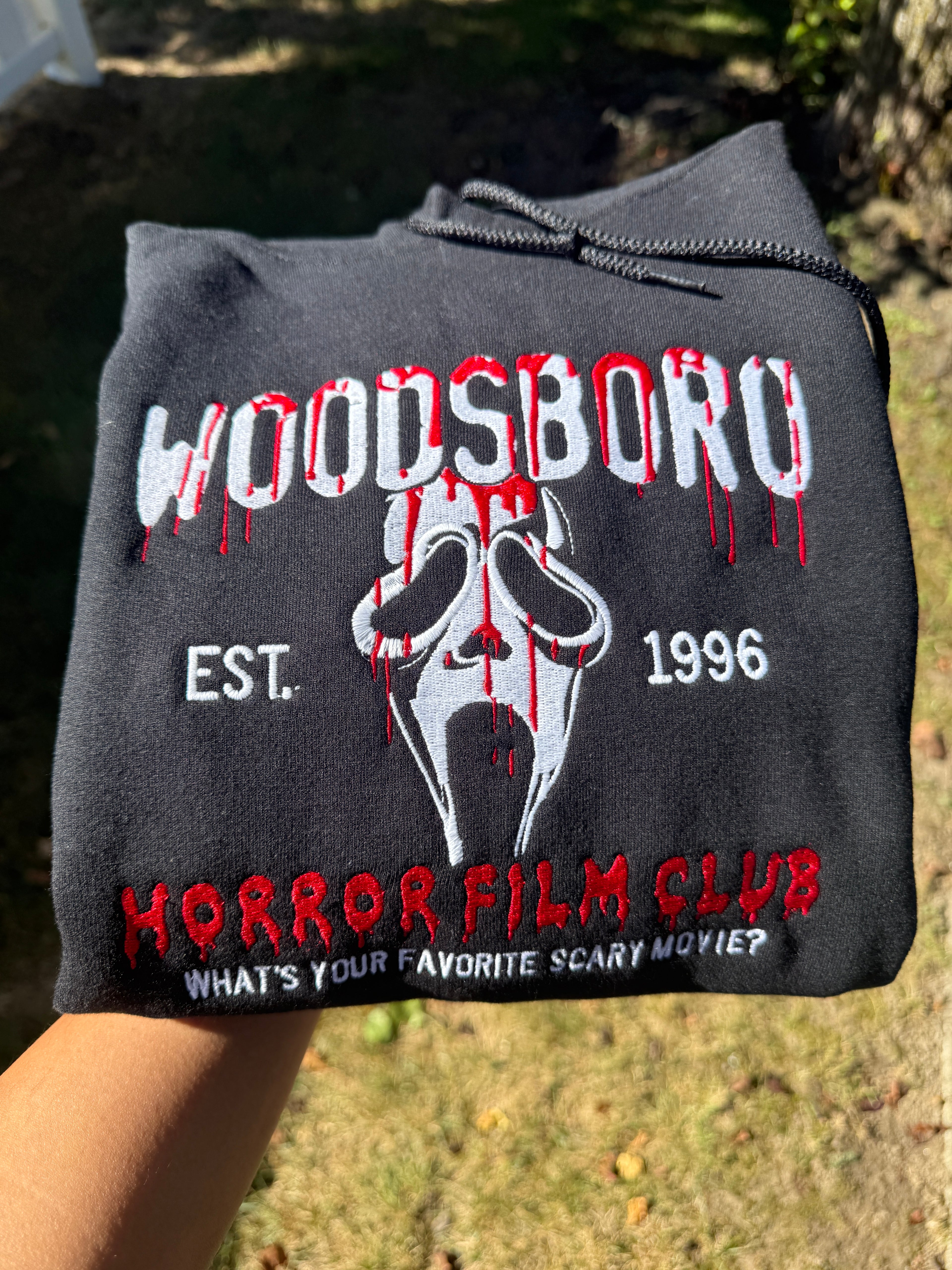 Woodsboro Horror Film Club Embroidered Hoodie | Ghost Face Embroidery | Vintage Horror Hoodie | Unisex Halloween Hoodie | Scary Movie Fan Gift