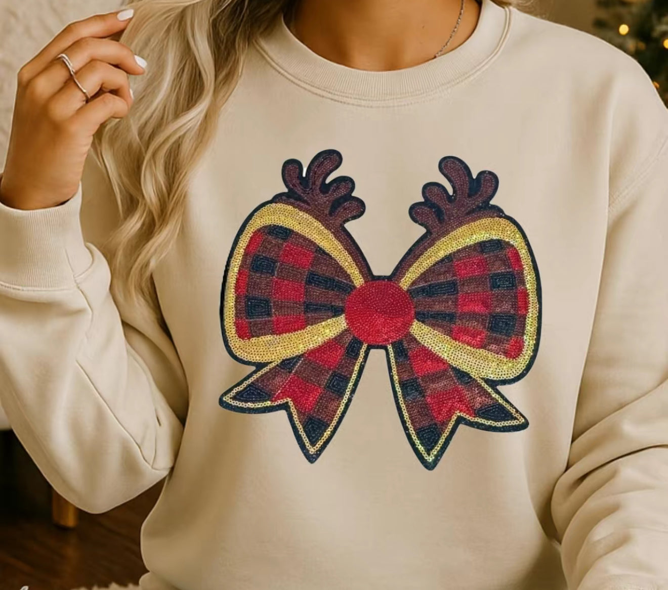 Christmas Bow Sweatshirt – Festive Holiday Pullover, Plaid Bow Crewneck for Women