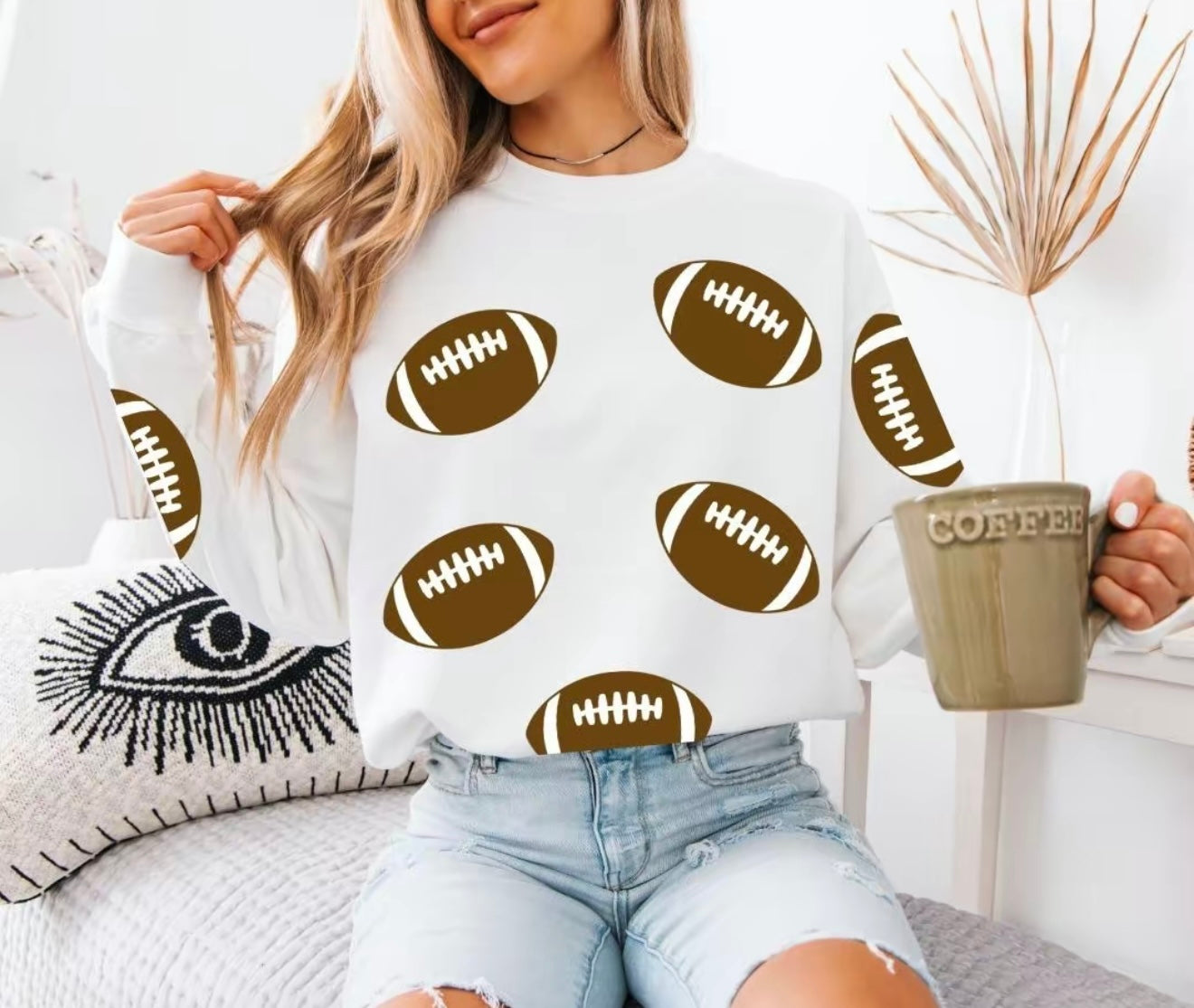 Football Sweatshirt – Game Day Pullover, Yellow Crewneck with Football Print for Women