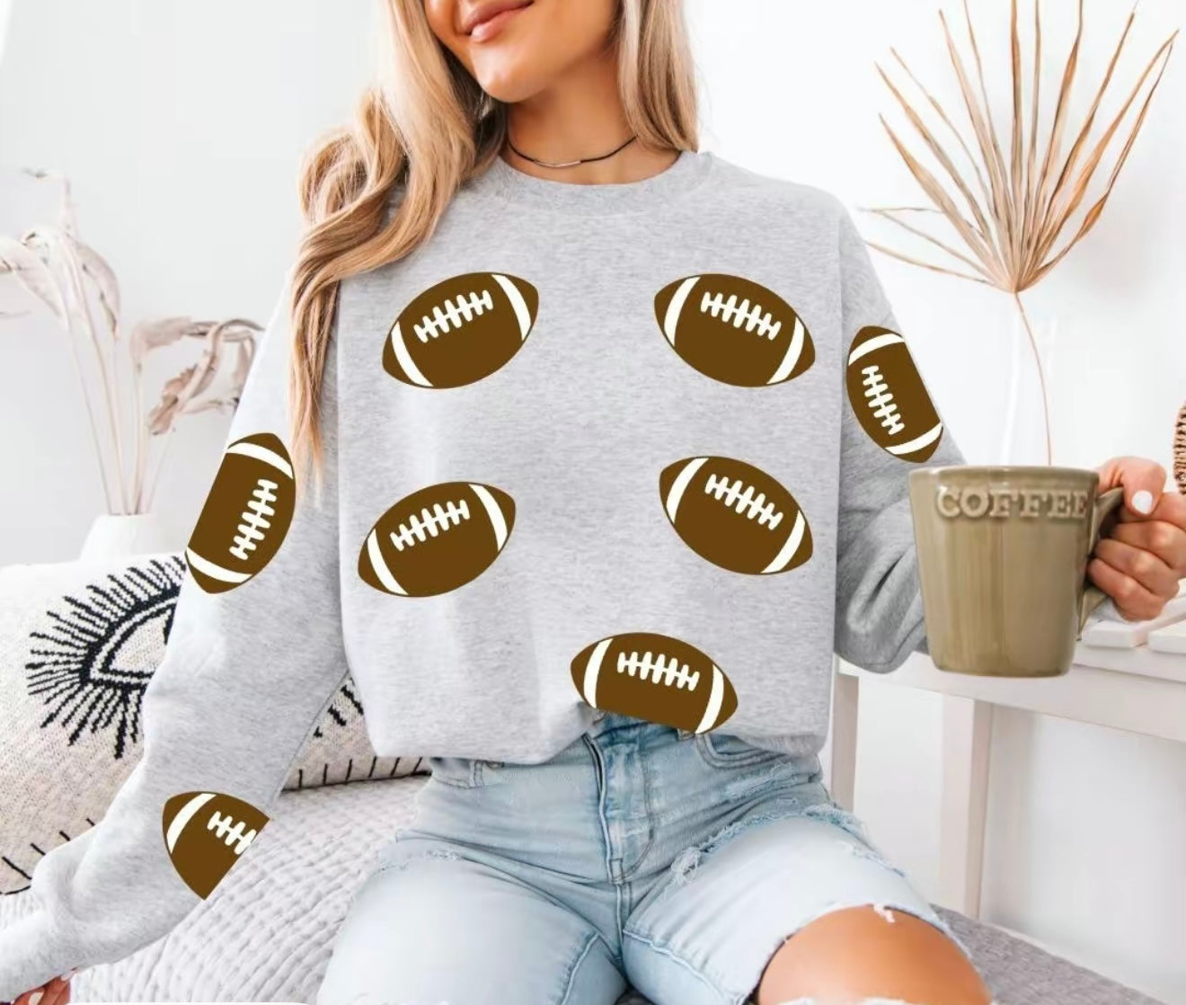 Football Sweatshirt – Game Day Pullover, Yellow Crewneck with Football Print for Women