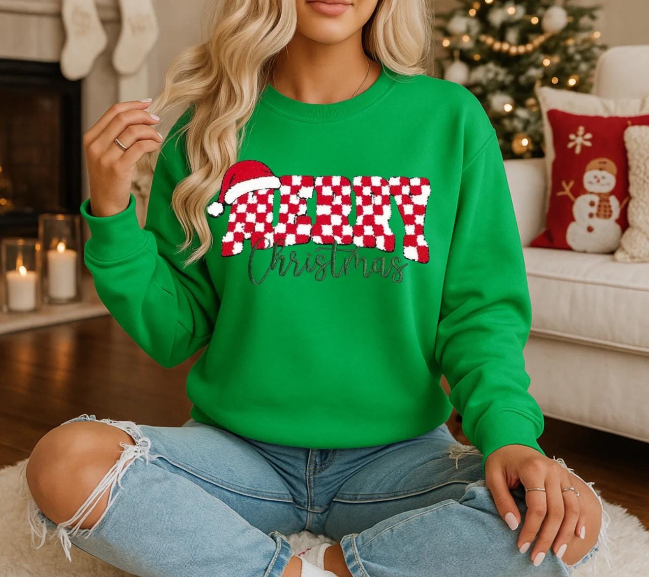 Merry Christmas Chenille Patch Sweatshirt | Red Holiday Crewneck | Buffalo Plaid Santa Hat Sweater | Cozy Winter Outfit | Gift for Her