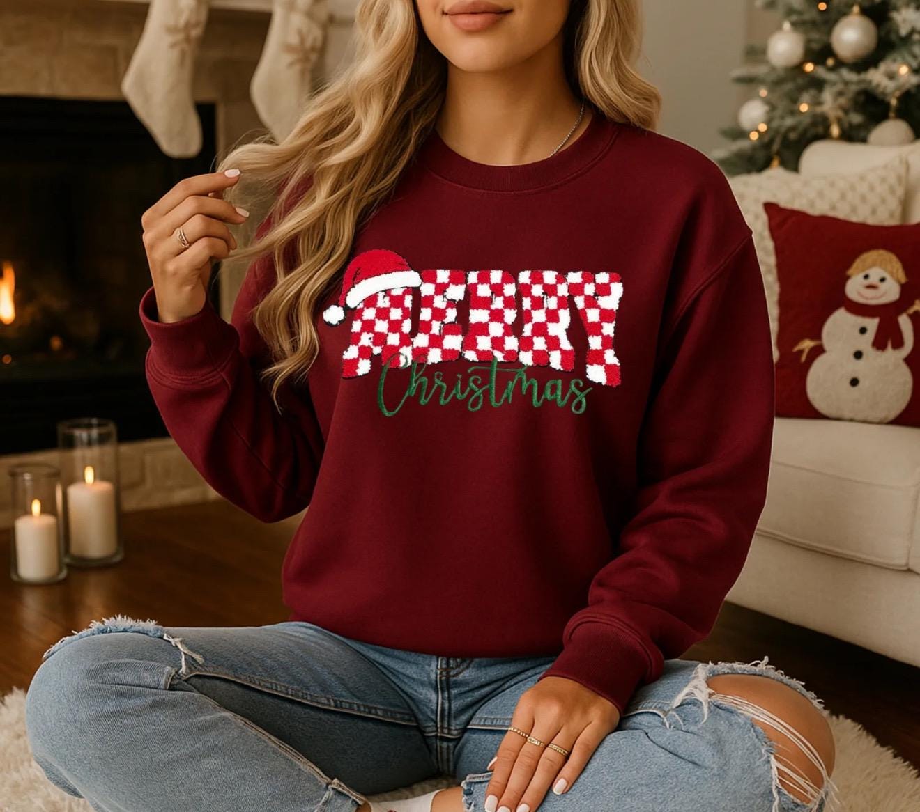 Merry Christmas Chenille Patch Sweatshirt | Red Holiday Crewneck | Buffalo Plaid Santa Hat Sweater | Cozy Winter Outfit | Gift for Her