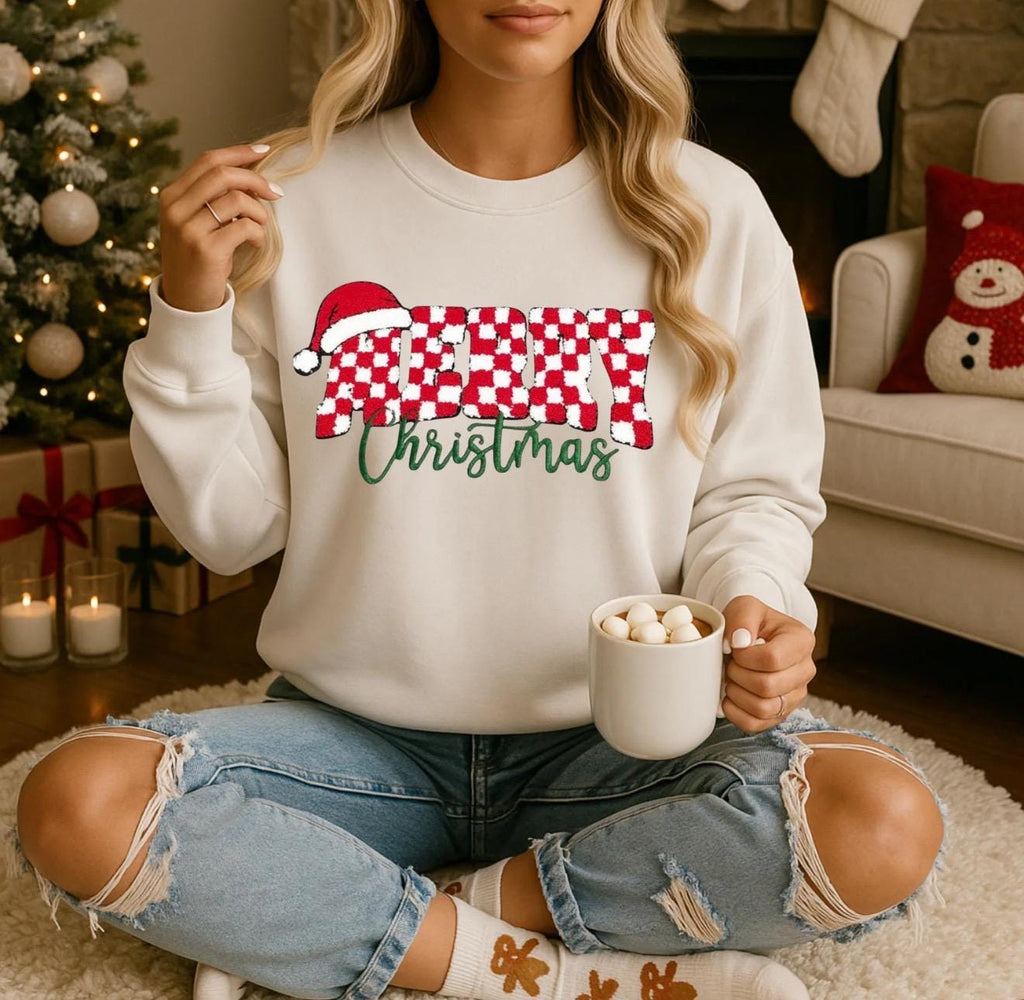Merry Christmas Chenille Patch Sweatshirt | Red Holiday Crewneck | Buffalo Plaid Santa Hat Sweater | Cozy Winter Outfit | Gift for Her