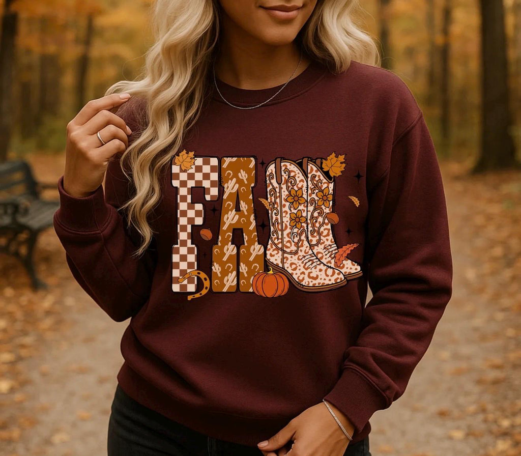 Fall Sweatshirt Women | Cozy Autumn Crewneck | Cowgirl Boots Graphic Sweater | Pumpkin Spice Western Fall Outfit | Thanksgiving Shirt