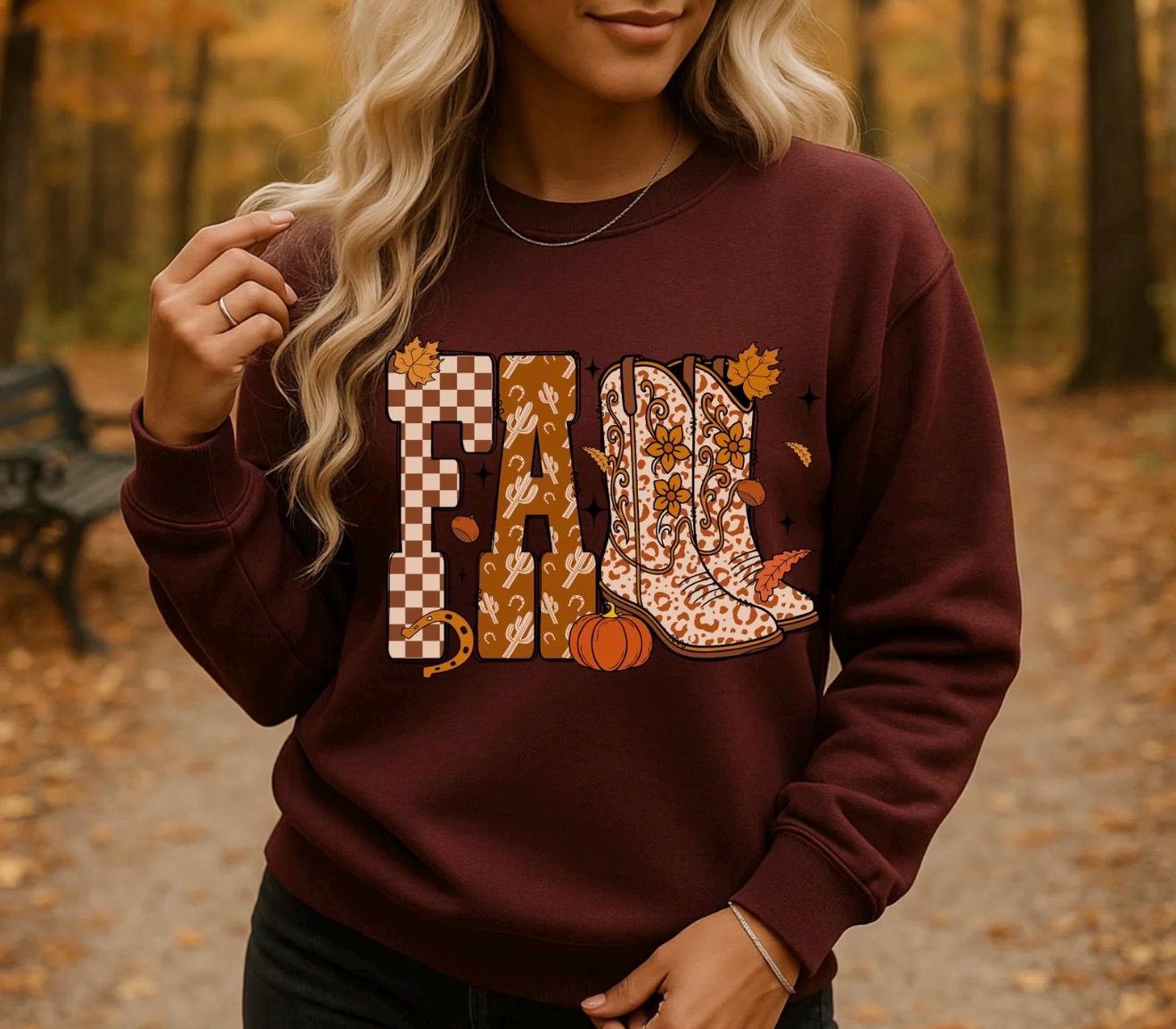 Fall Sweatshirt Women | Cozy Autumn Crewneck | Cowgirl Boots Graphic Sweater | Pumpkin Spice Western Fall Outfit | Thanksgiving Shirt