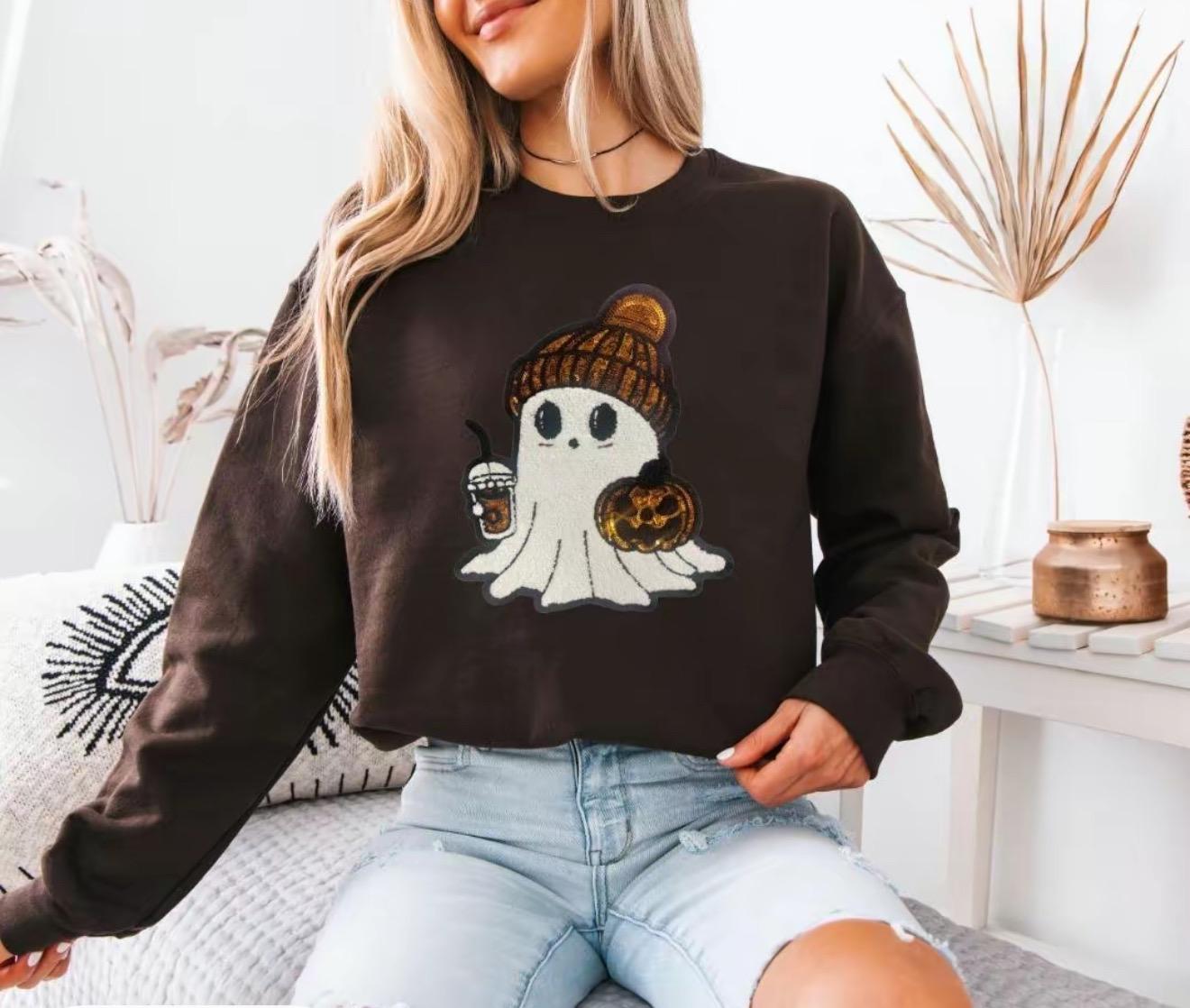 Cute Ghost Chenille Patch Sweatshirt | Fall Halloween Crewneck | Pumpkin Spice Ghost Sweater | Cozy Autumn Outfit | Spooky Season Shirt